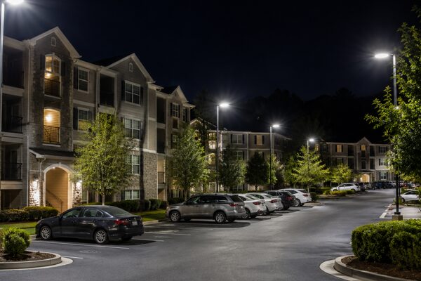 Commercial Parking Lot Lighting in Atlanta, GA Professionally installed commercial parking lot lights illuminating an Atlanta property for improved visibility, safety, and security.