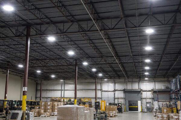 Energy-efficient commercial warehouse lighting installed by Georgia Lightscapes electrical contractor to improve workplace visibility and safety.