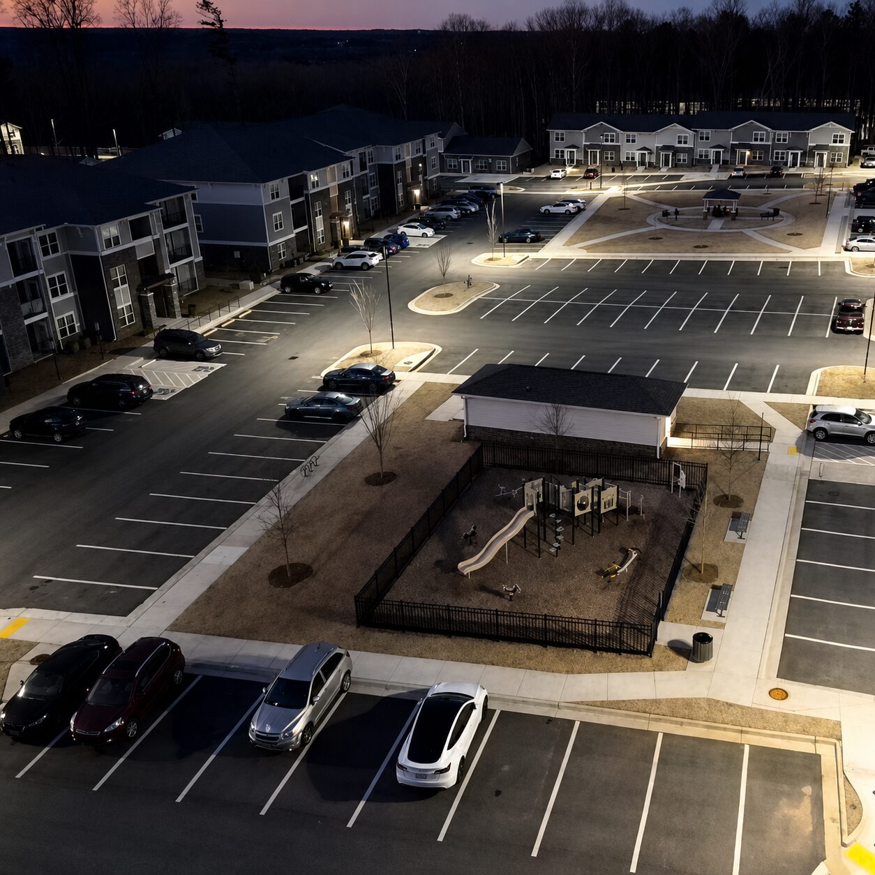 Apartment community parking lot and outdoor areas illuminated by a commercial electrical contractor serving Atlanta, Georgia.