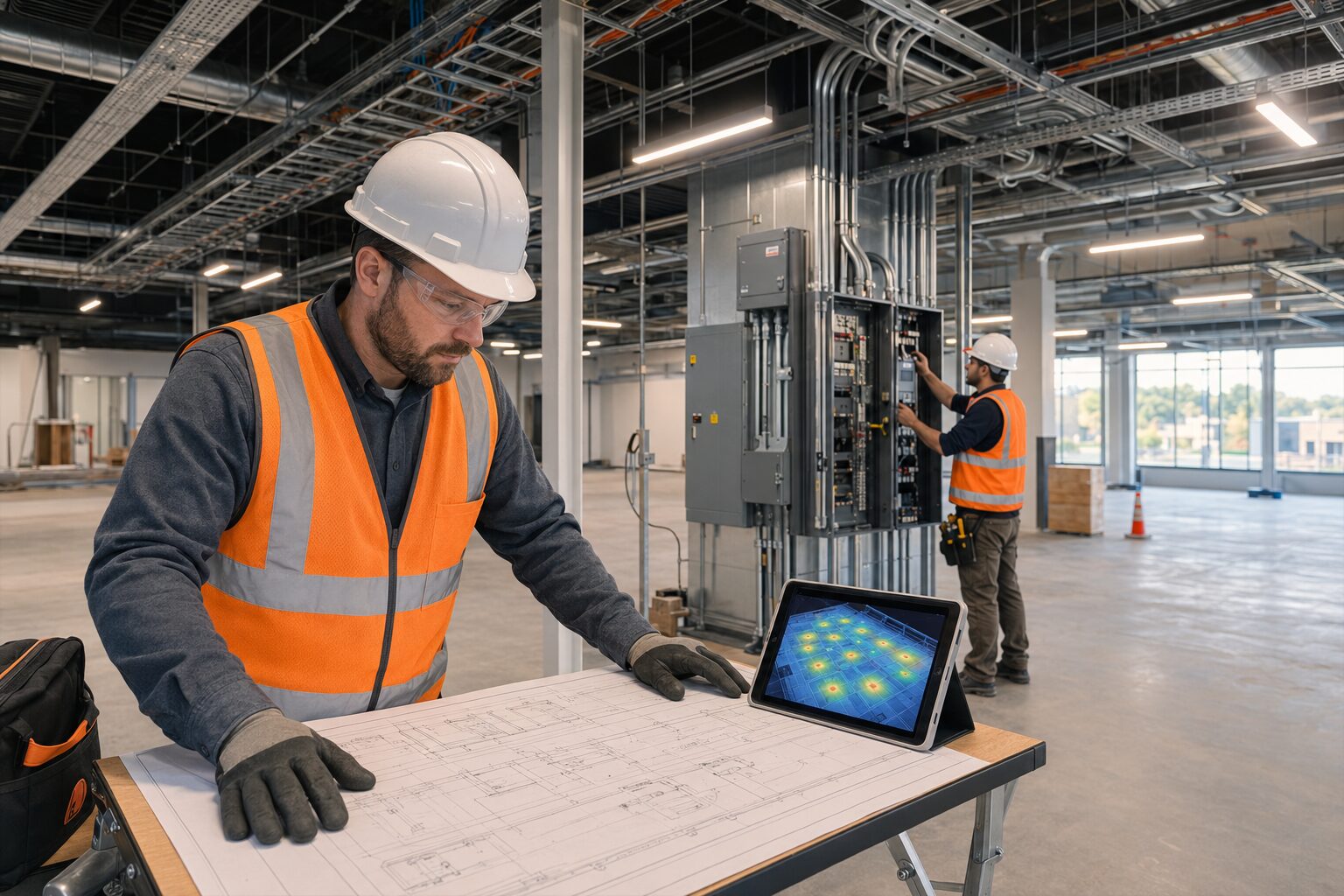 Commercial-electricians-plans Commercial electricians reviewing electrical plans and photometric analysis during a new construction installation