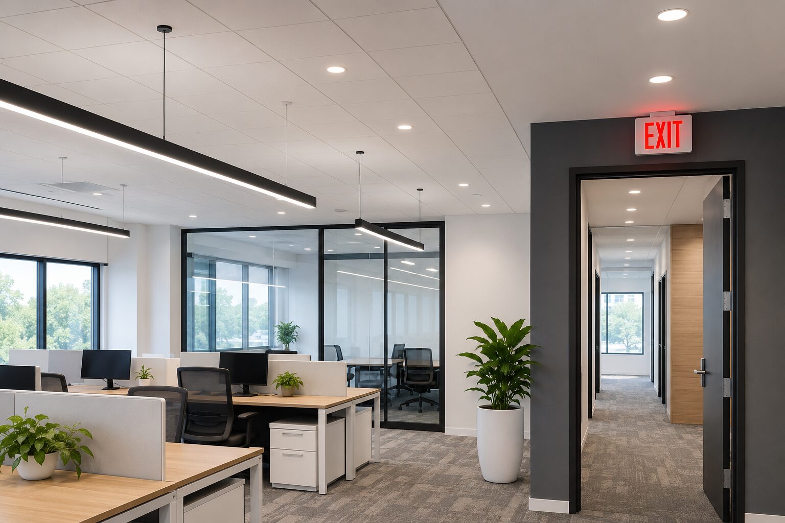 Interior-lighting-and-electrical-office-exit-emergency-lighting Energy-efficient commercial warehouse lighting installed by Georgia Lightscapes electrical contractor to improve workplace visibility and safety.