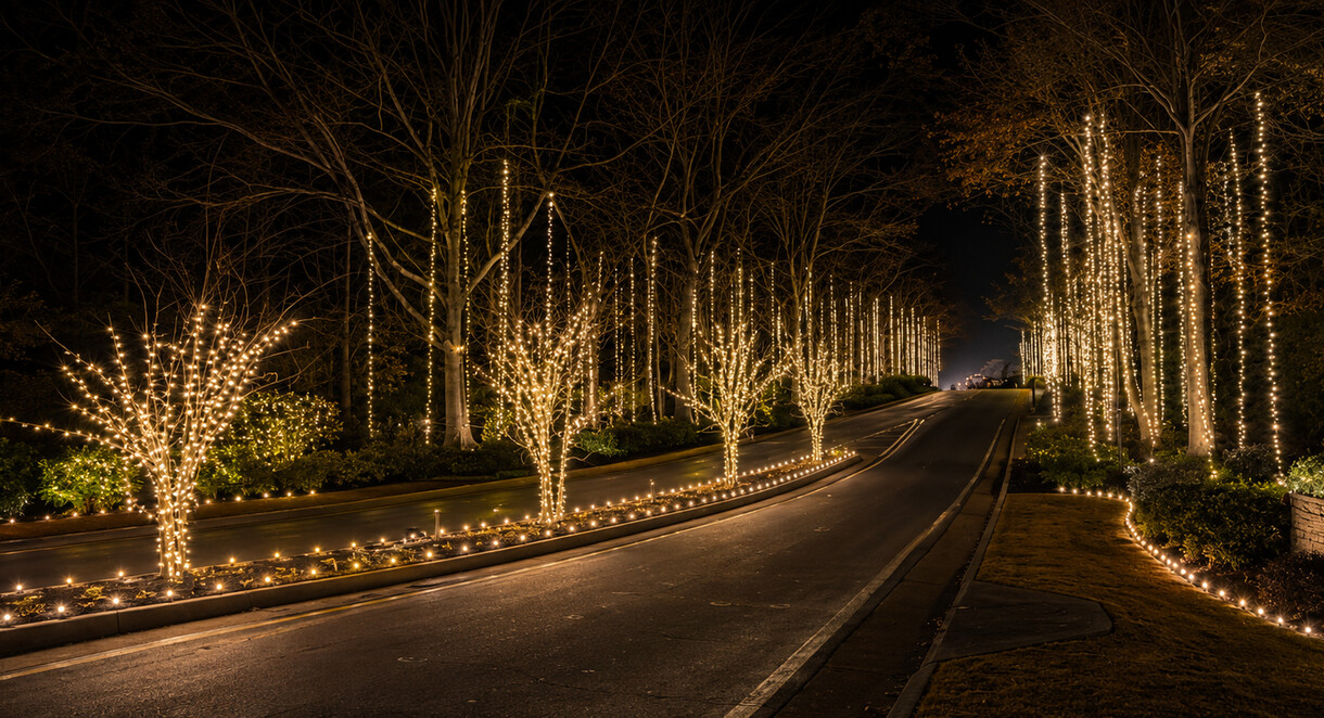 HOA entryway in Woodstock and trees illuminated with warm white Christmas lights by Georgia Lightscapes.